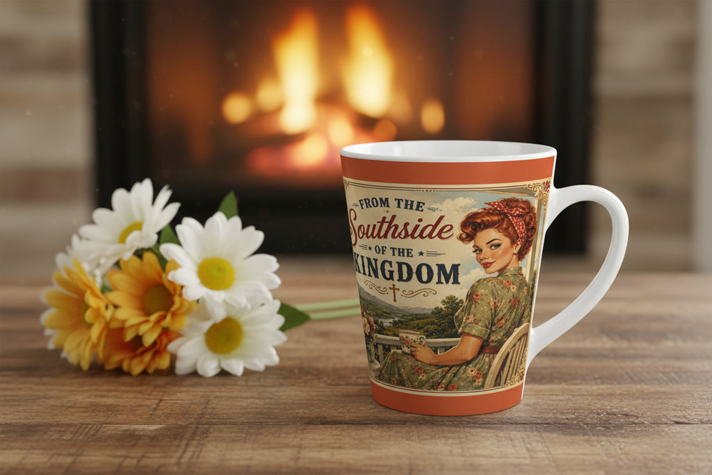 Latte Mug – “From the Southside of the Kingdom” Vintage Pin-Up Christian Coffee Cup | Redhead