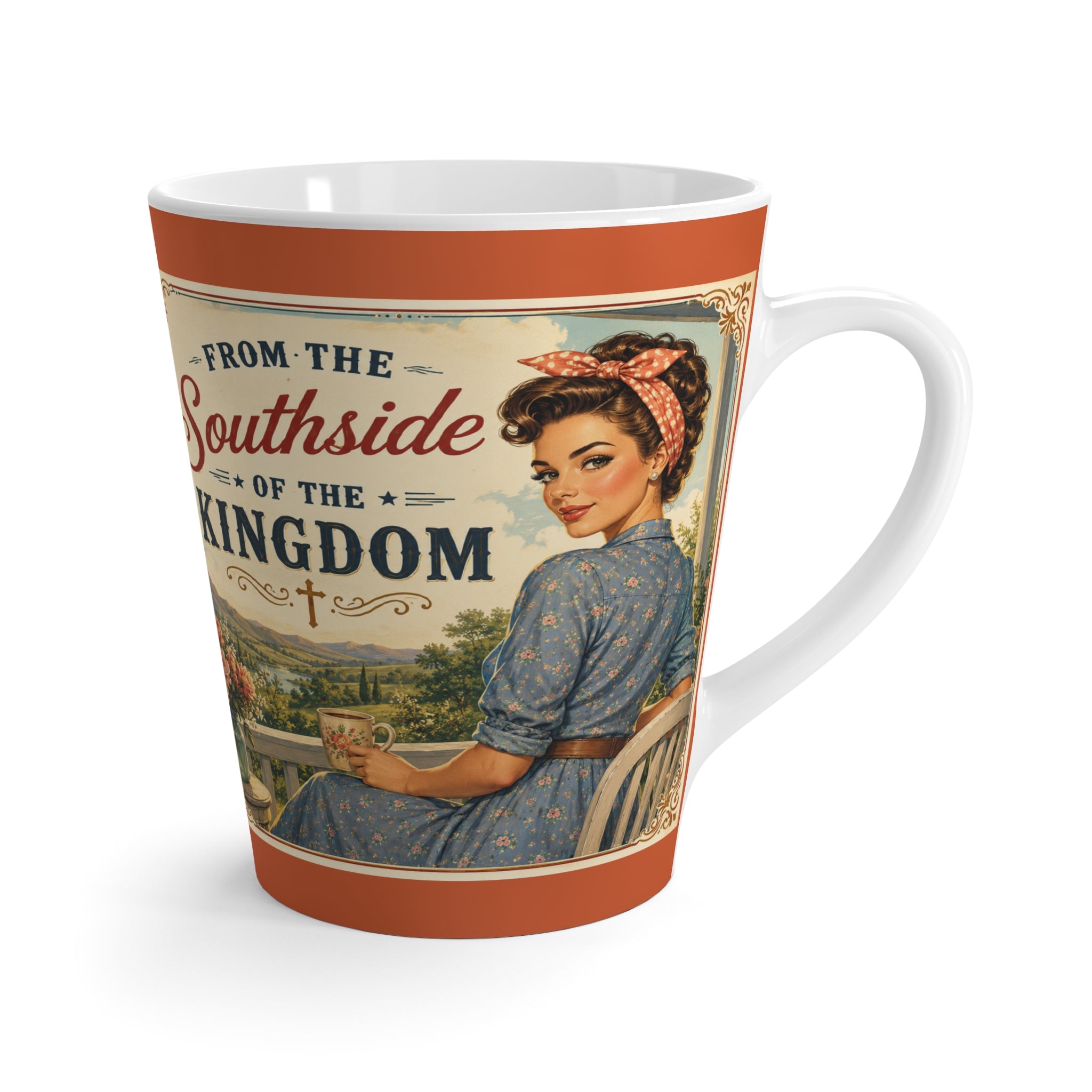 Latte Mug – “From the Southside of the Kingdom” Vintage Pin-Up Christian Coffee Cup | Brunette