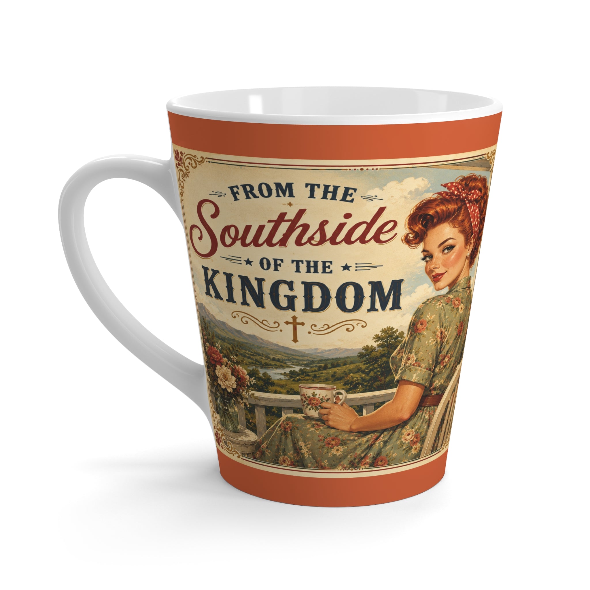 Latte Mug – “From the Southside of the Kingdom” Vintage Pin-Up Christian Coffee Cup | Redhead
