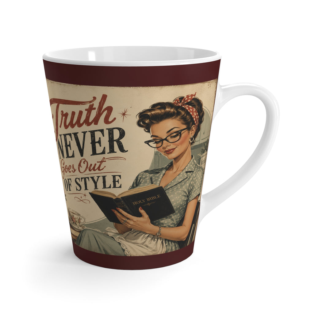 Latte Mug — Retro 'Truth Never Goes Out of Style' Vintage Housewife Coffee Cup | Brunette Edition