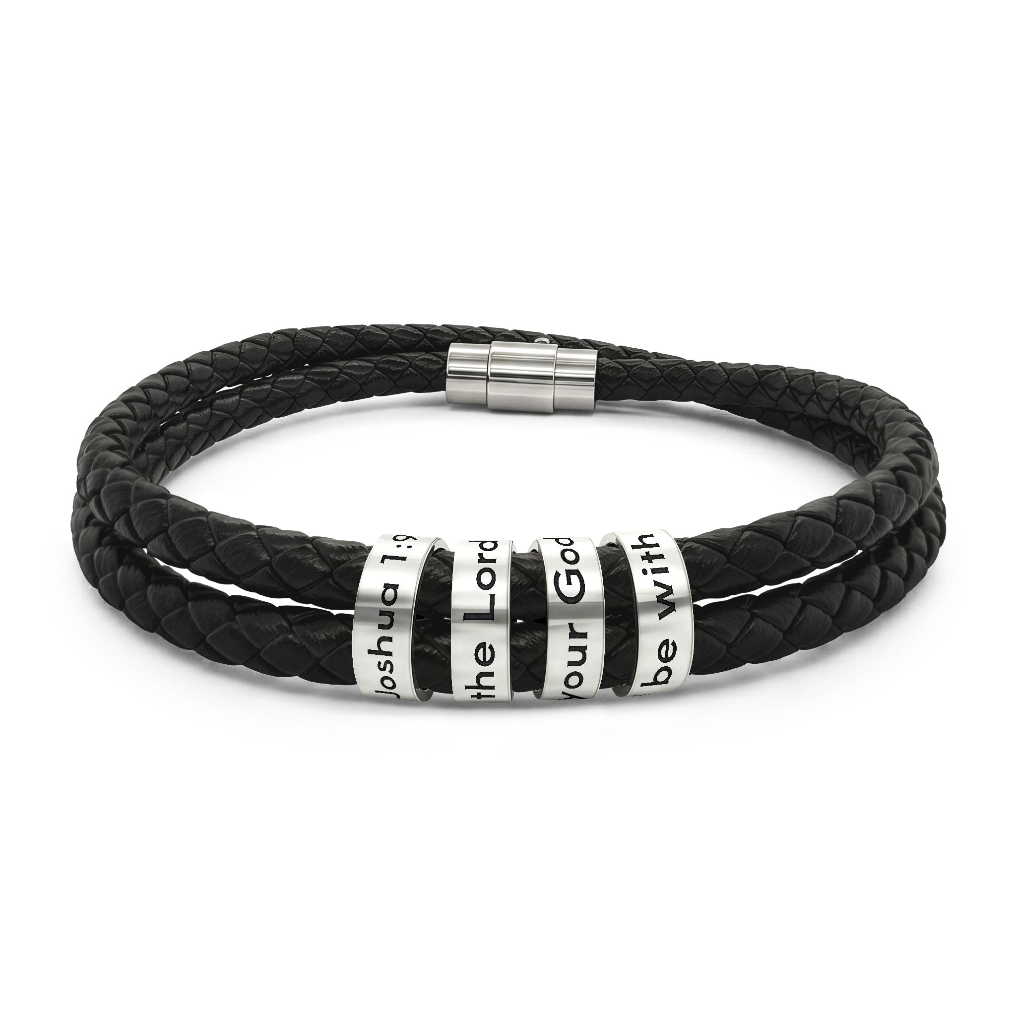 Joshua 1:9 Engraved Leather Beaded Bracelet — Personalized Message Stainless Steel