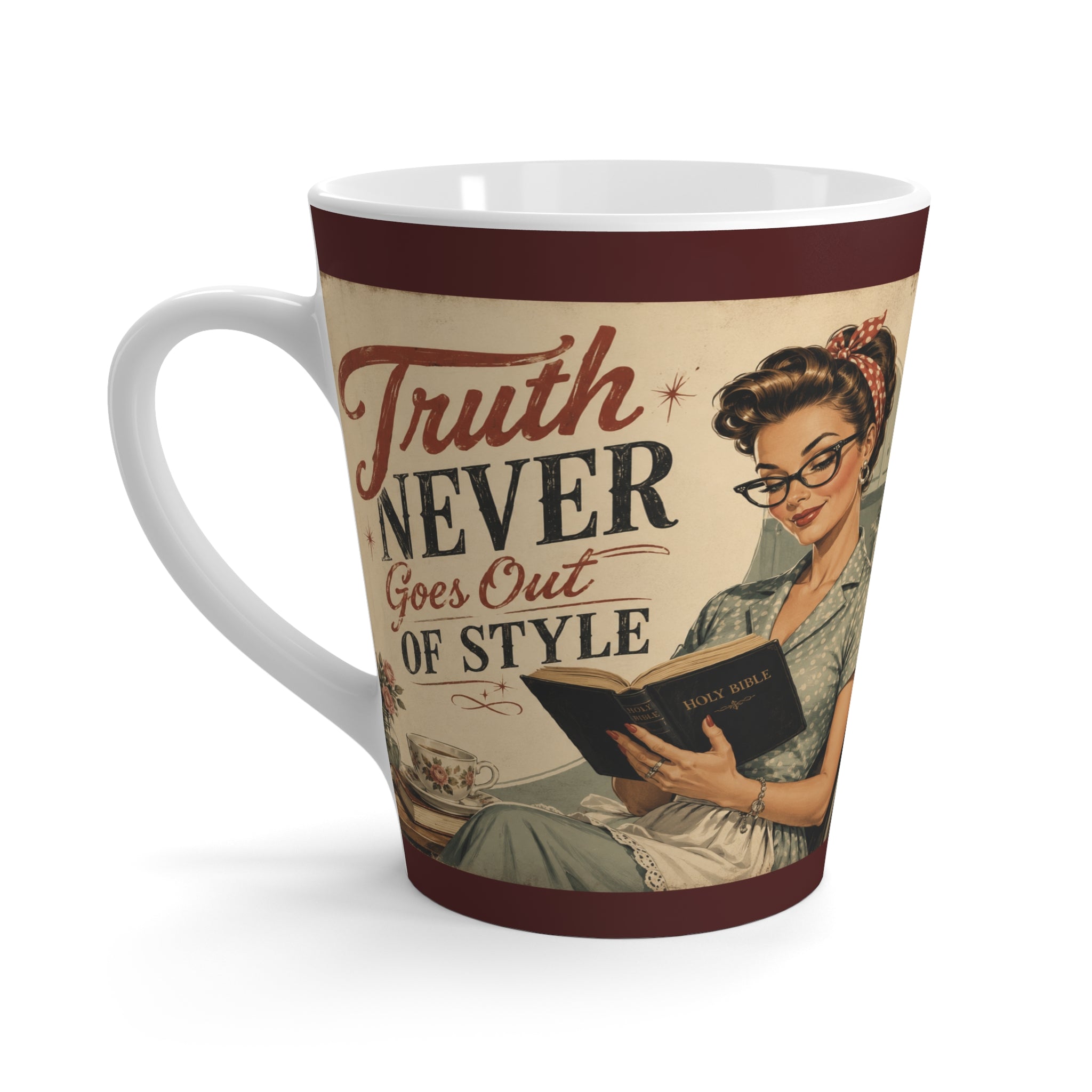 Latte Mug — Retro 'Truth Never Goes Out of Style' Vintage Housewife Coffee Cup | Brunette Edition