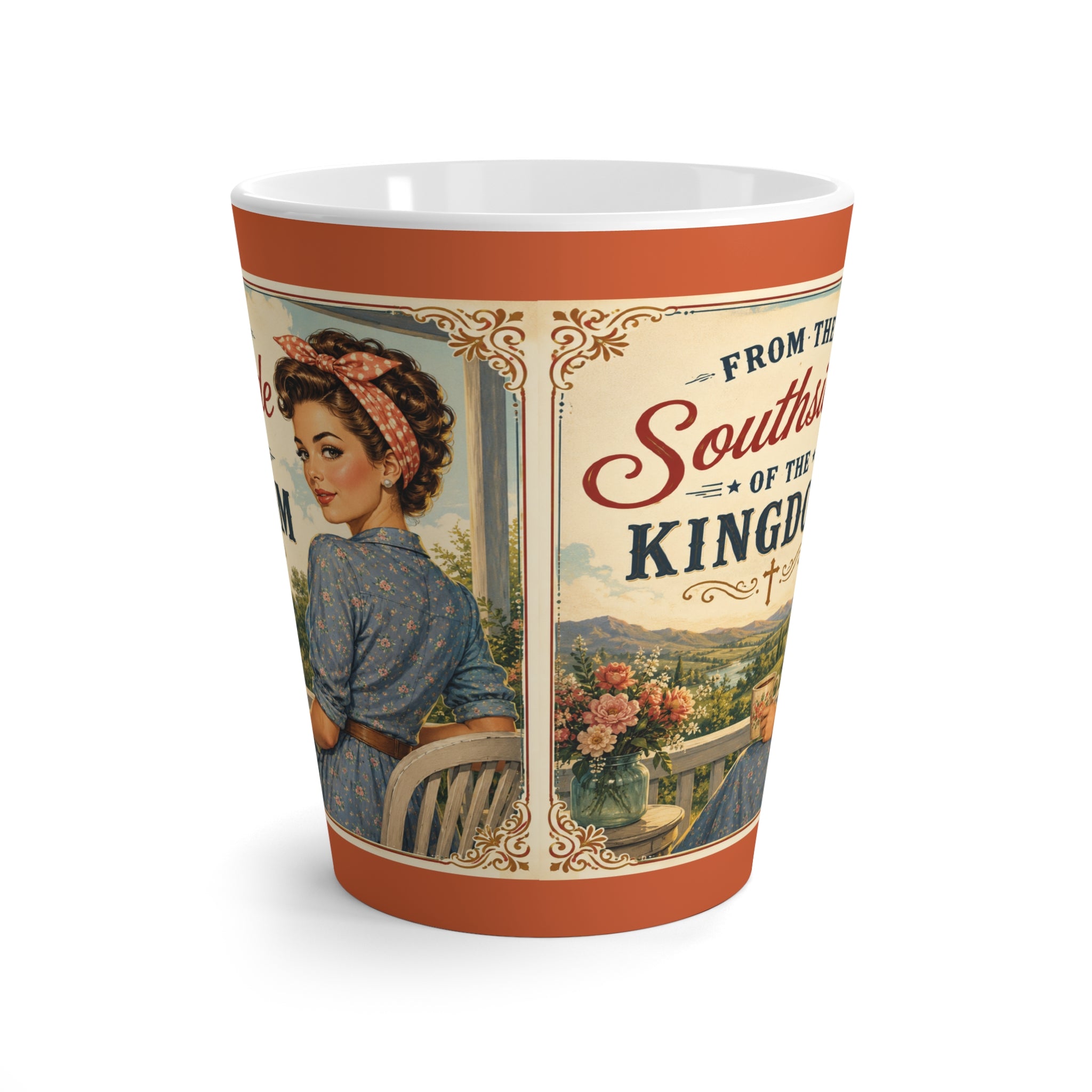 Latte Mug – “From the Southside of the Kingdom” Vintage Pin-Up Christian Coffee Cup | Brunette