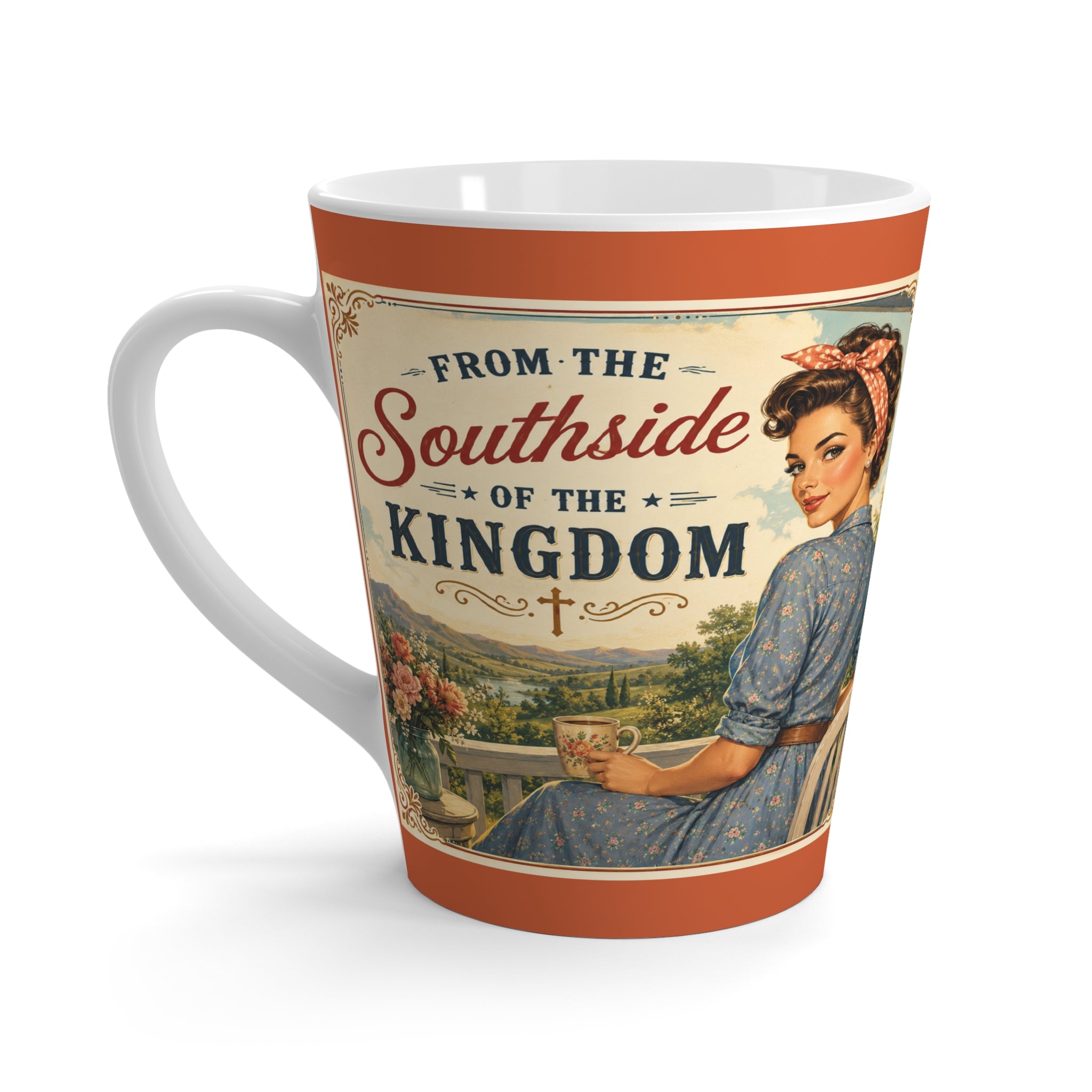 Latte Mug – “From the Southside of the Kingdom” Vintage Pin-Up Christian Coffee Cup | Brunette