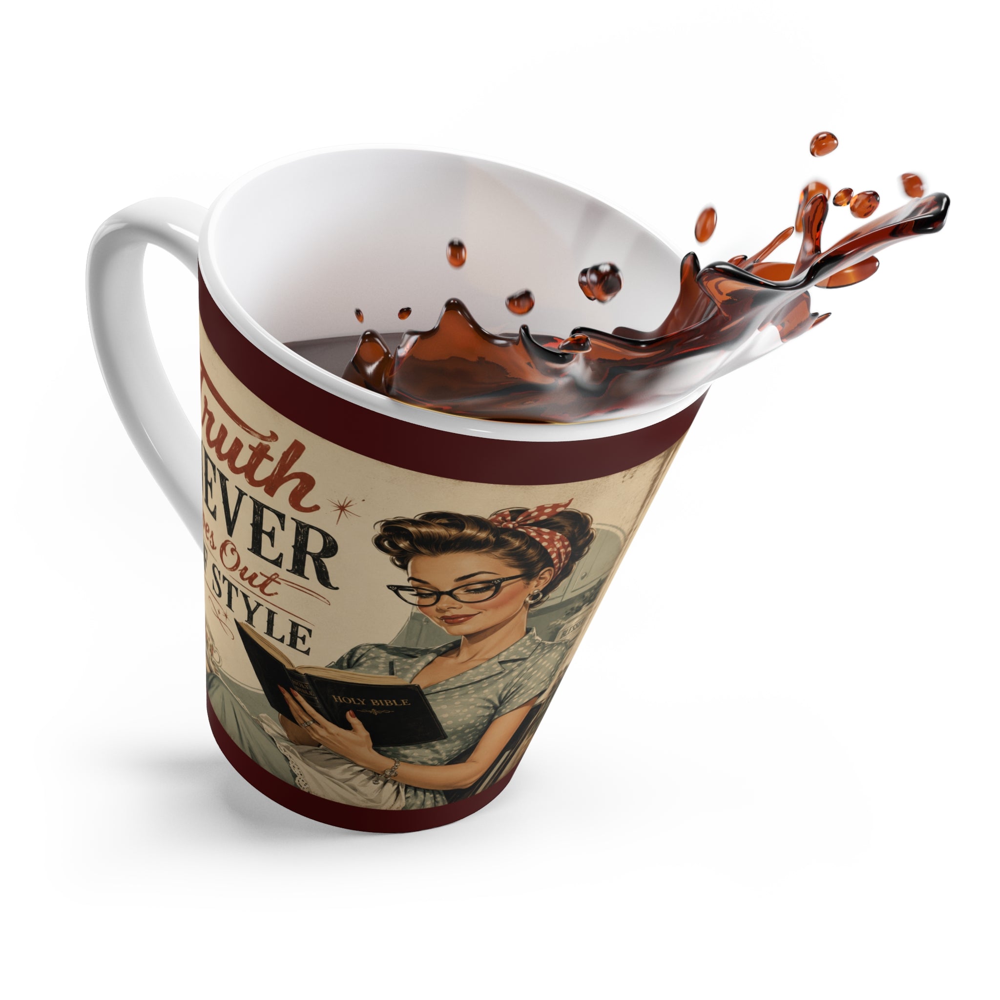 Latte Mug — Retro 'Truth Never Goes Out of Style' Vintage Housewife Coffee Cup | Brunette Edition