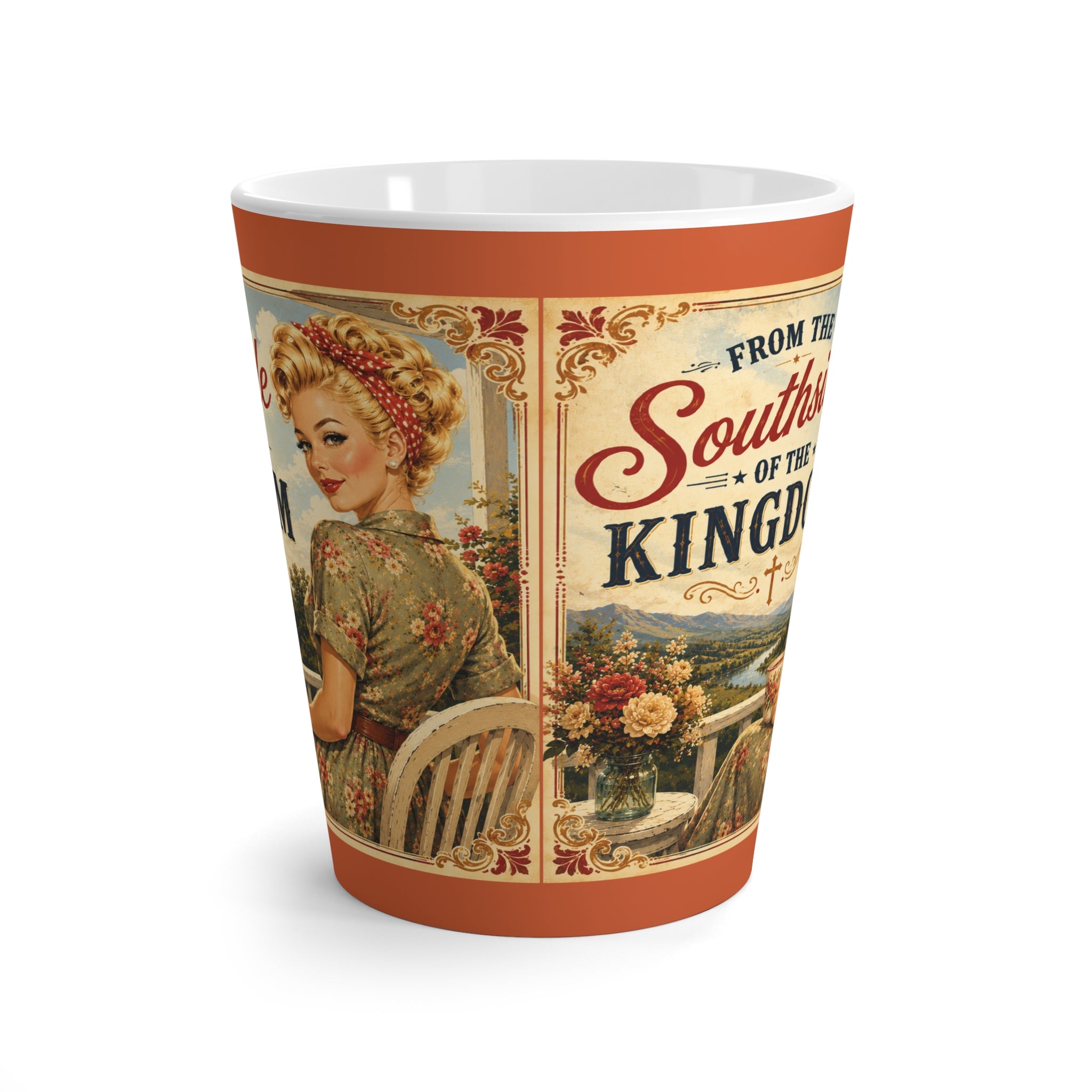 Latte Mug – “From the Southside of the Kingdom” Vintage Pin-Up Christian Coffee Cup | Blonde