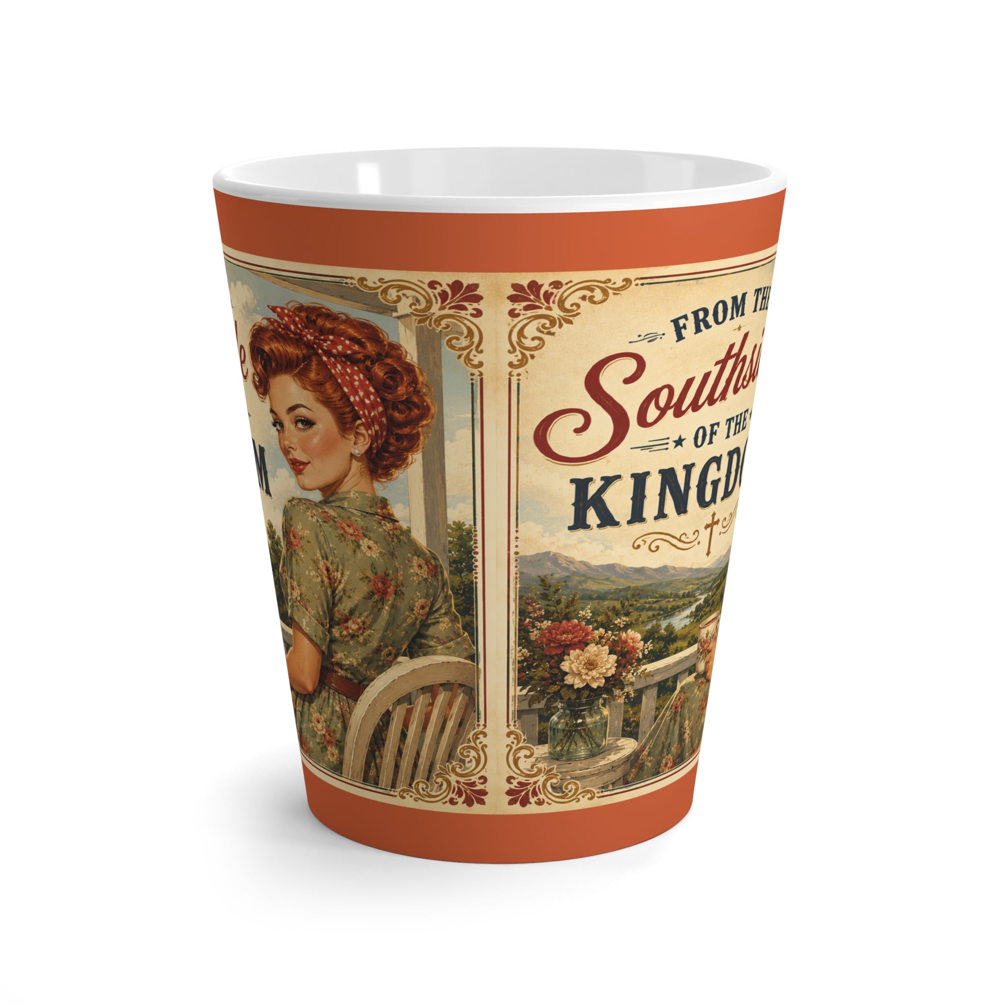 Latte Mug – “From the Southside of the Kingdom” Vintage Pin-Up Christian Coffee Cup | Redhead