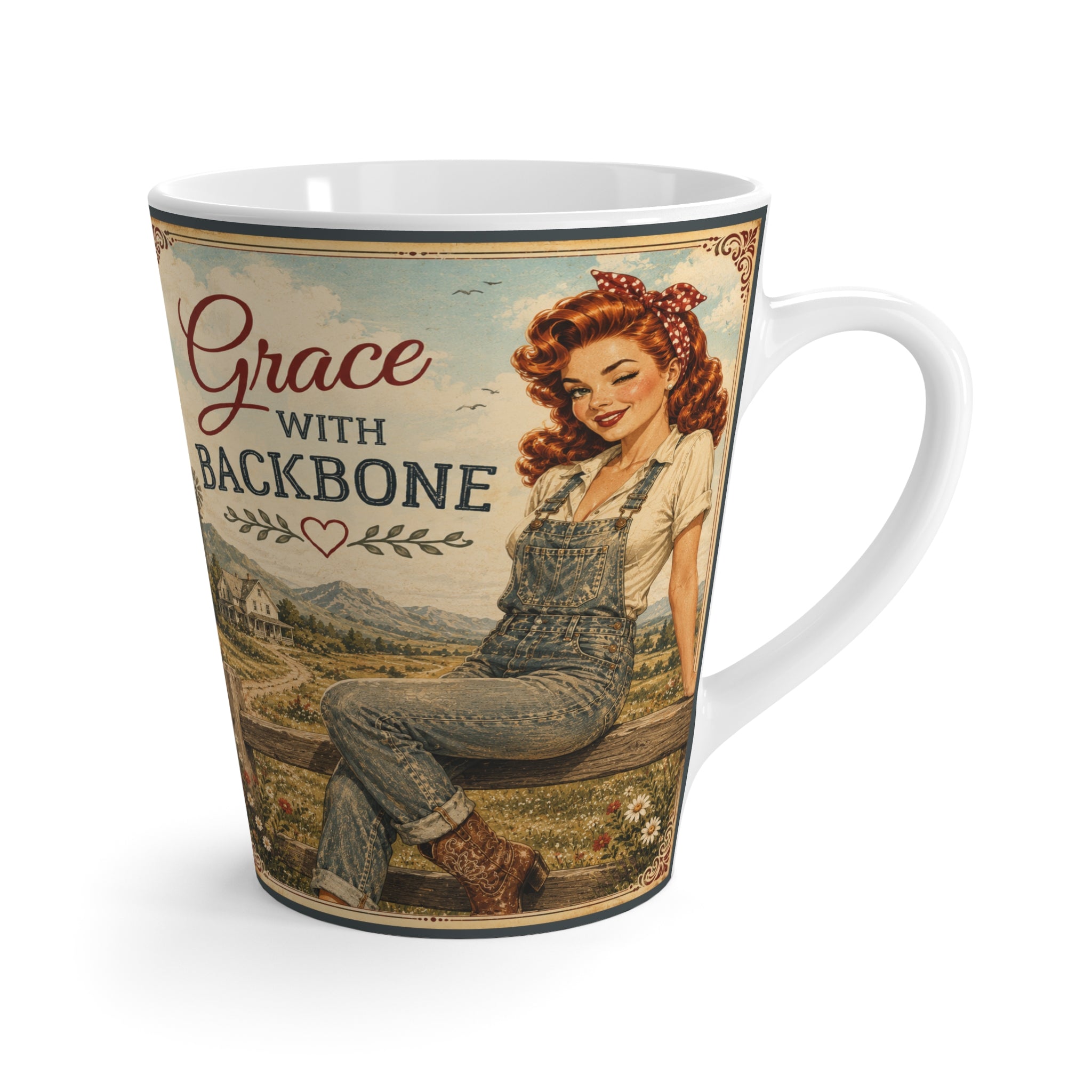 Latte Mug – “Grace With Backbone” Vintage Pin-Up Christian Coffee Cup | Redhead