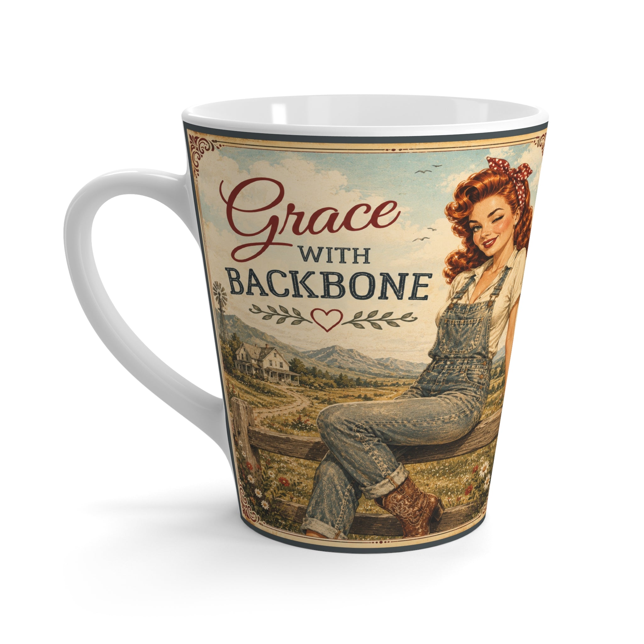 Latte Mug – “Grace With Backbone” Vintage Pin-Up Christian Coffee Cup | Redhead